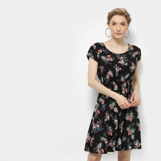 Vestido Pérolas Evasê Curto Floral - Preto+Laranja