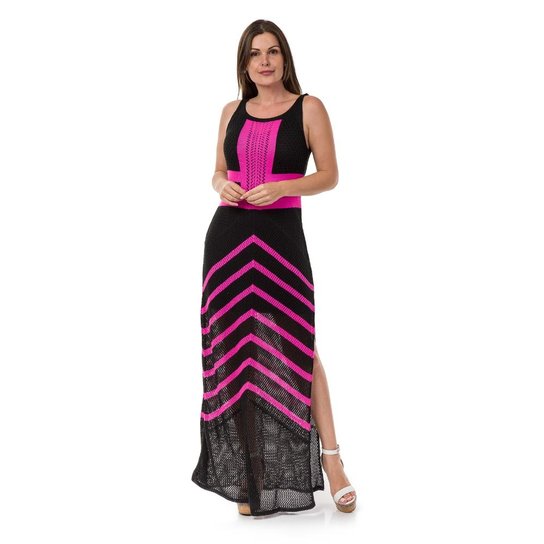 Vestido Pink Tricot Longo Listras - Preto+Pink