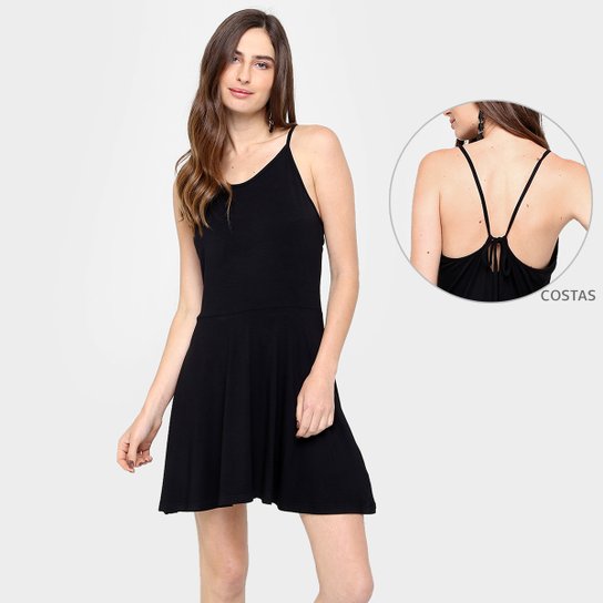 Vestido Spio Evasê De Alça Com Laço Nas Costas - Preto