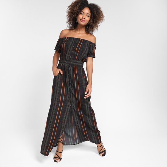 Vestido Top Moda Manga Curta Listrado Bolso - Preto+Laranja