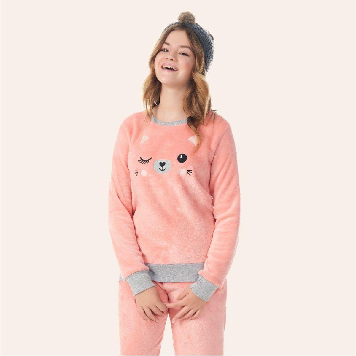 030/B - Pijama Juvenil Feminino Rose Fleece - Bela Notte - Rosê Menor preço em 030/B - Pijama Juvenil Feminino Rose Fleece - Bela Notte - Rosê