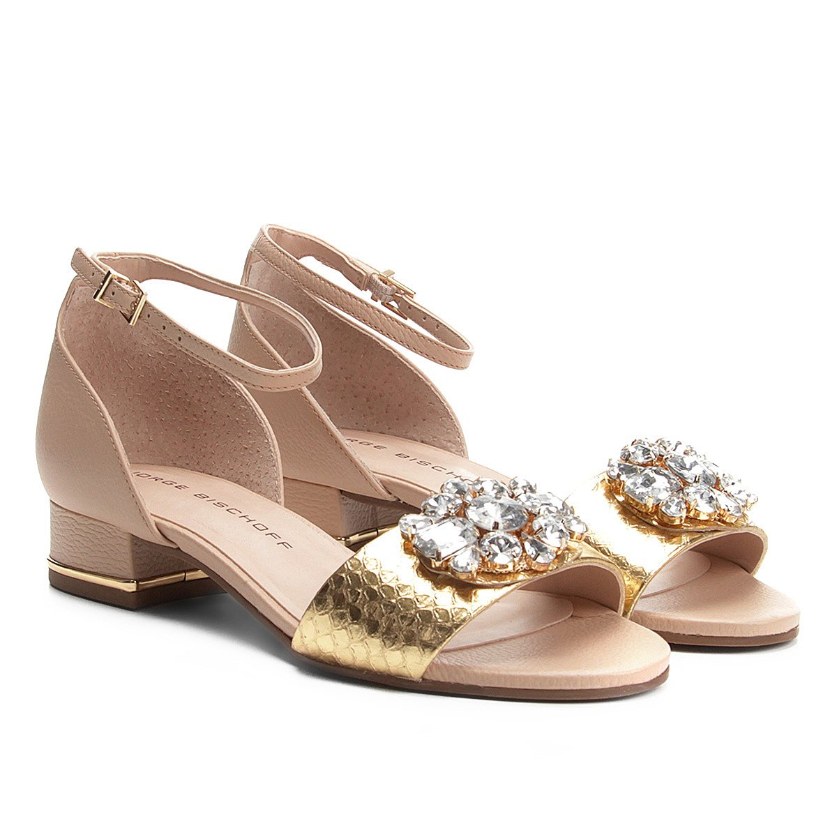 Sandália Couro Jorge Bischoff Salto Baixo Pedraria Feminina