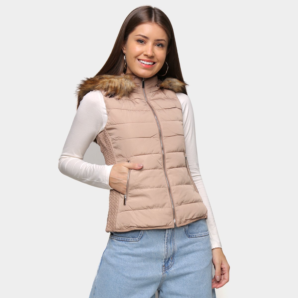 Colete S&V Puffer Matelassê Pelinho C/Capuz Feminino