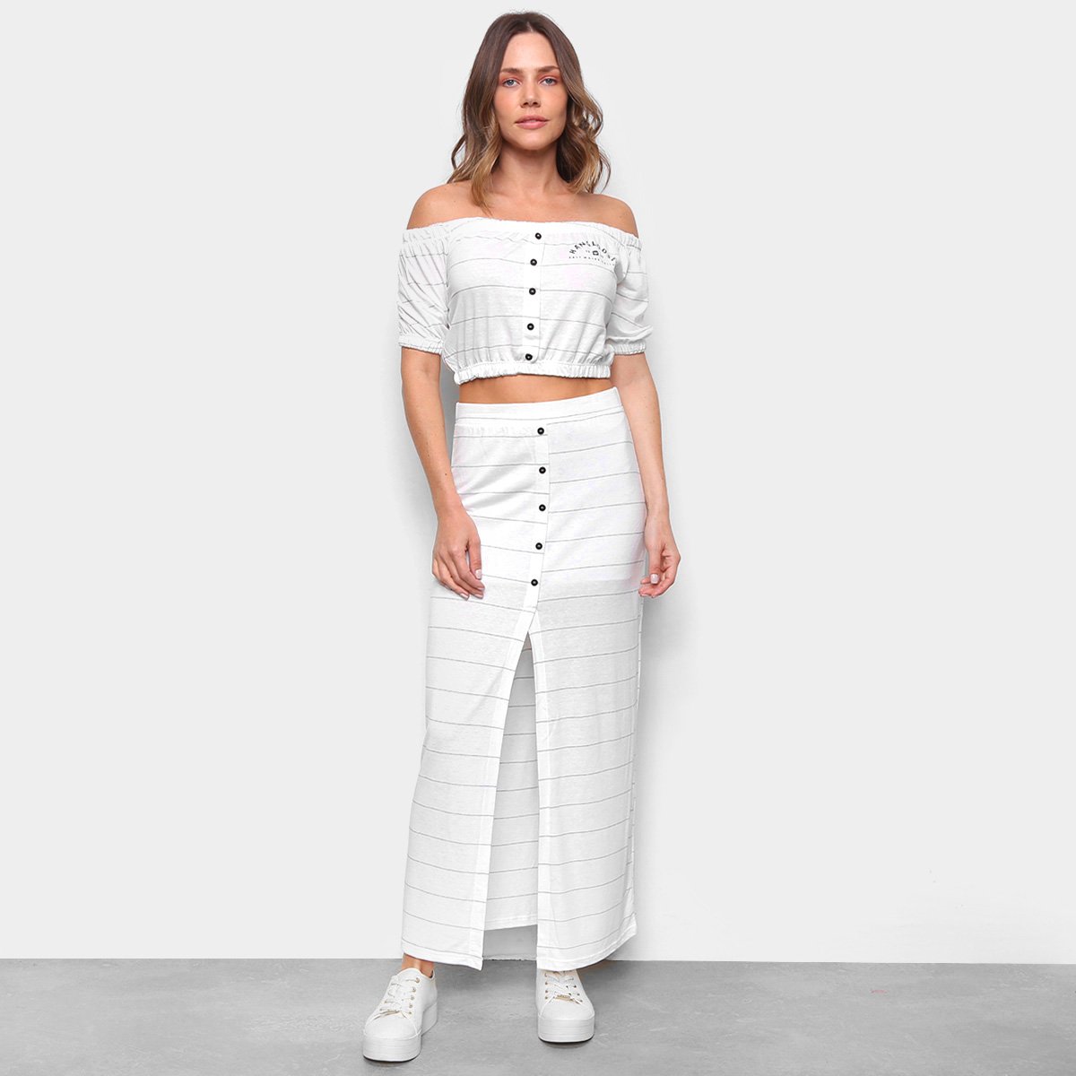 Conjunto Crooped Hang Loosee Ciganinha + Saia Fenda Feminino