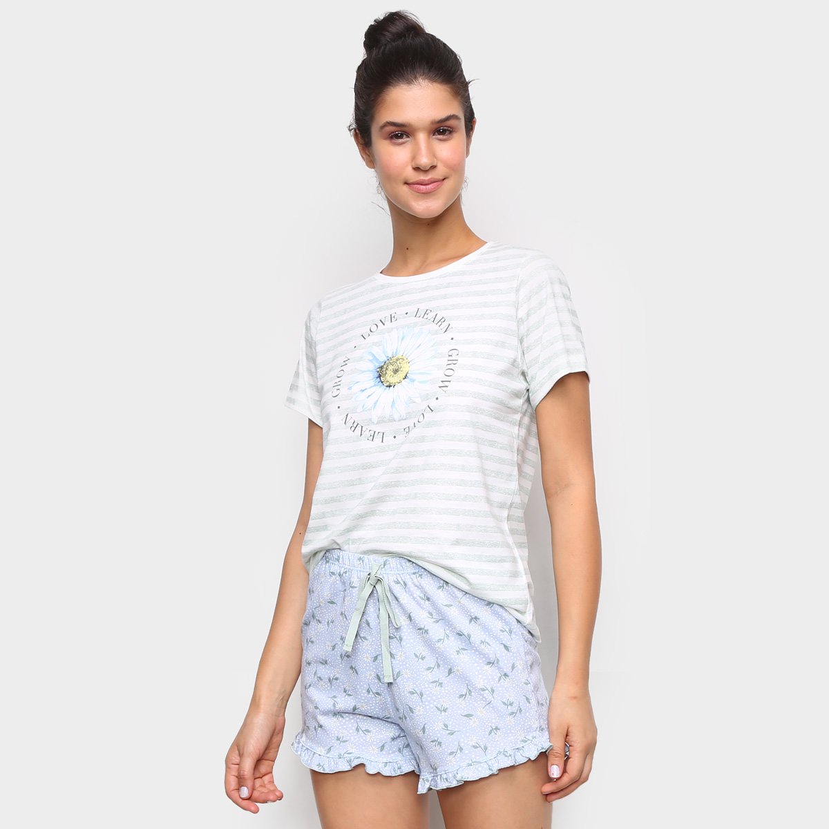 Pijama Cor Com Amor Shorts Doll Listras E Flores Feminino