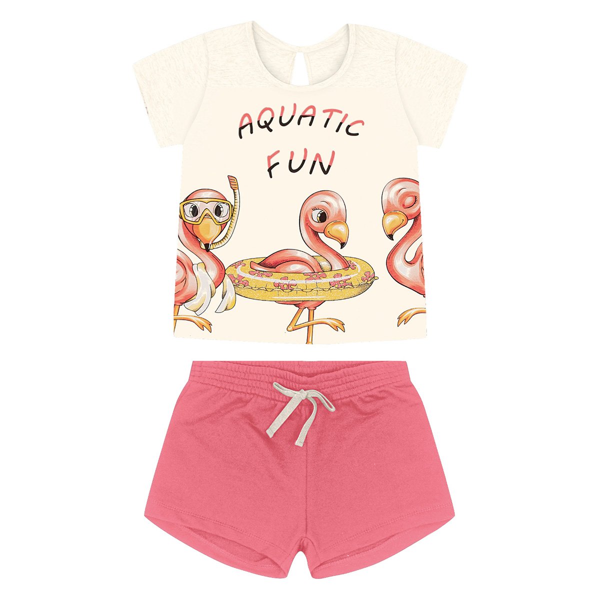 Conjunto Infantil Rovitex Camiseta Flamingos + Short Moletom Feminino
