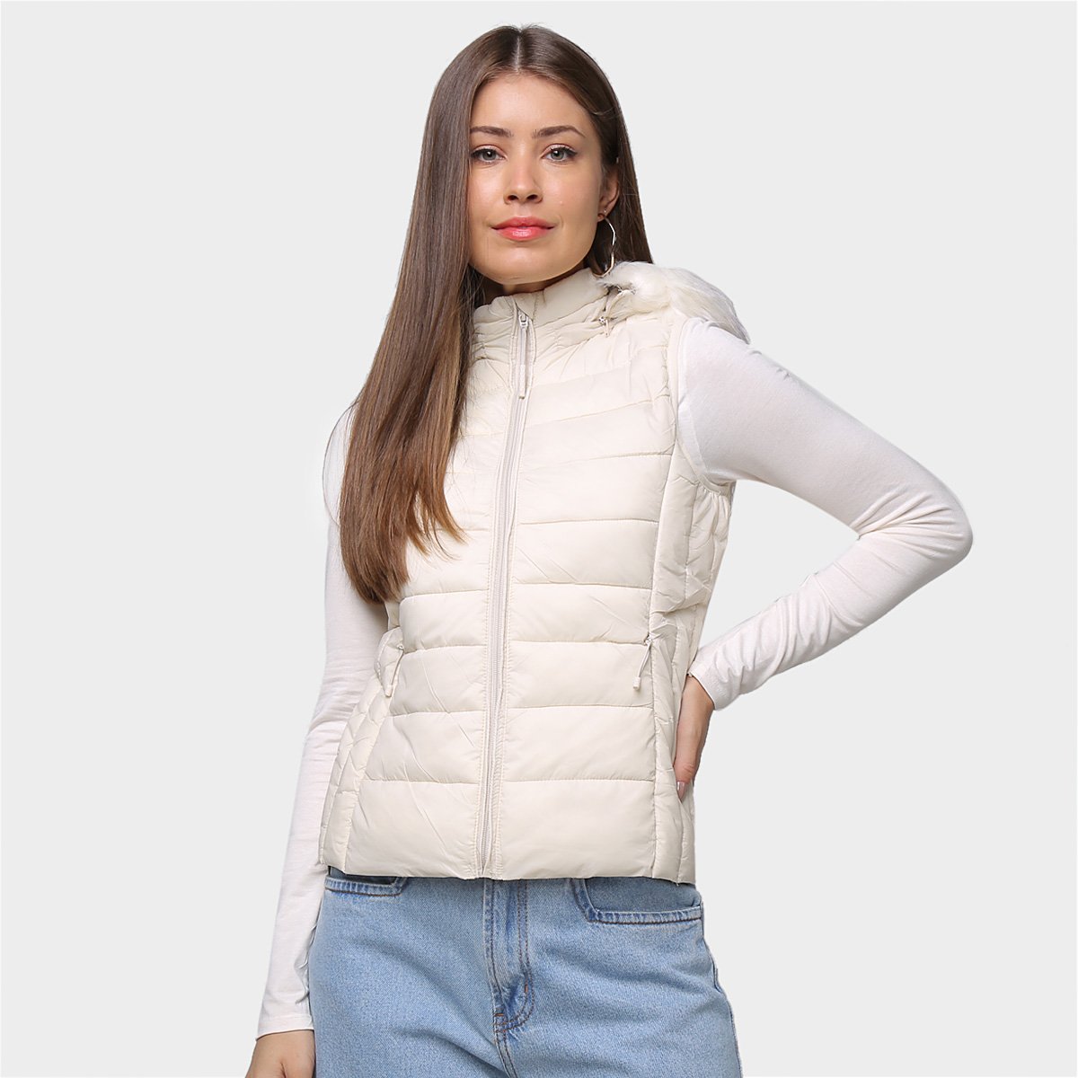 Colete S&V Puffer Matelassê Pelinho C/Capuz Feminino