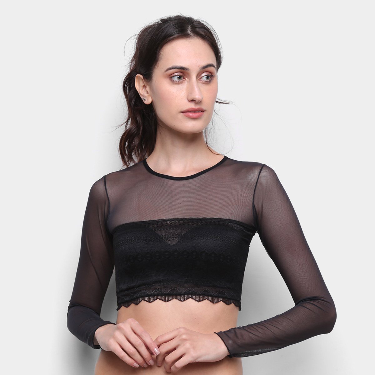 Top Calvin Klein Tule Renda Manga Longa