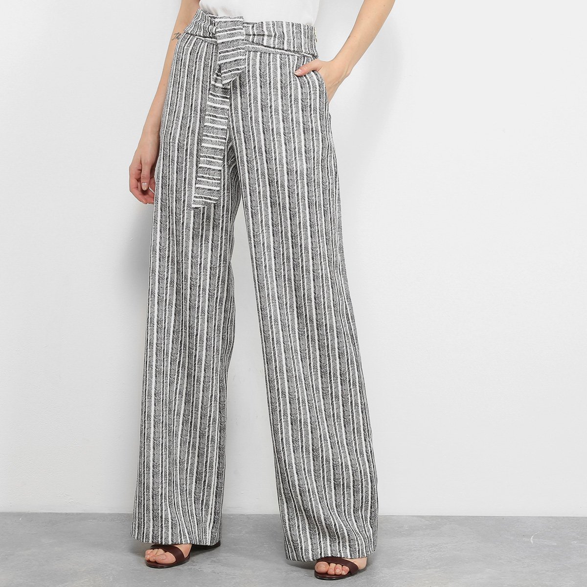 Calça Pantalona Carmim Estampada Faixa Cintura Feminina