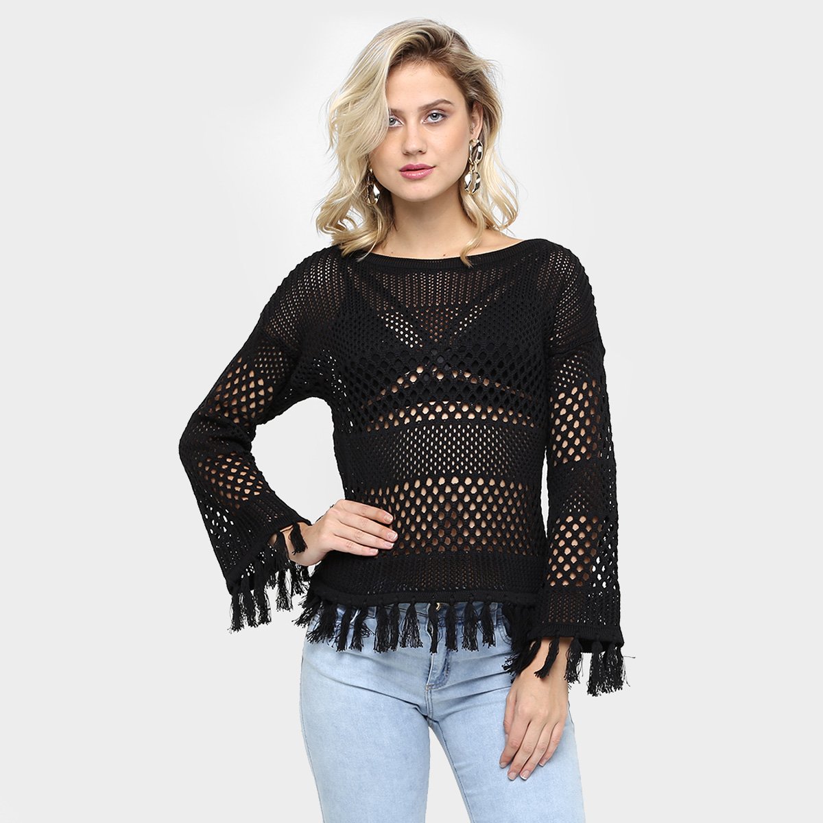 Tricô Colcci Trama Aberta Franjas Feminino
