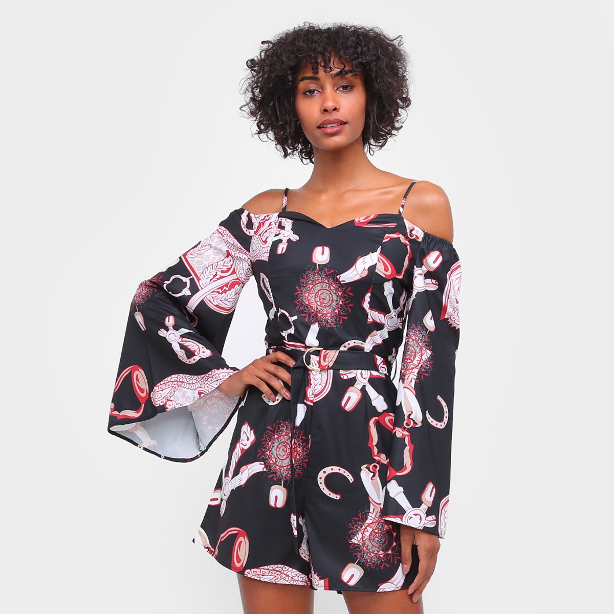 Macaquinho Road Mel Manga Longa Estampado Feminino