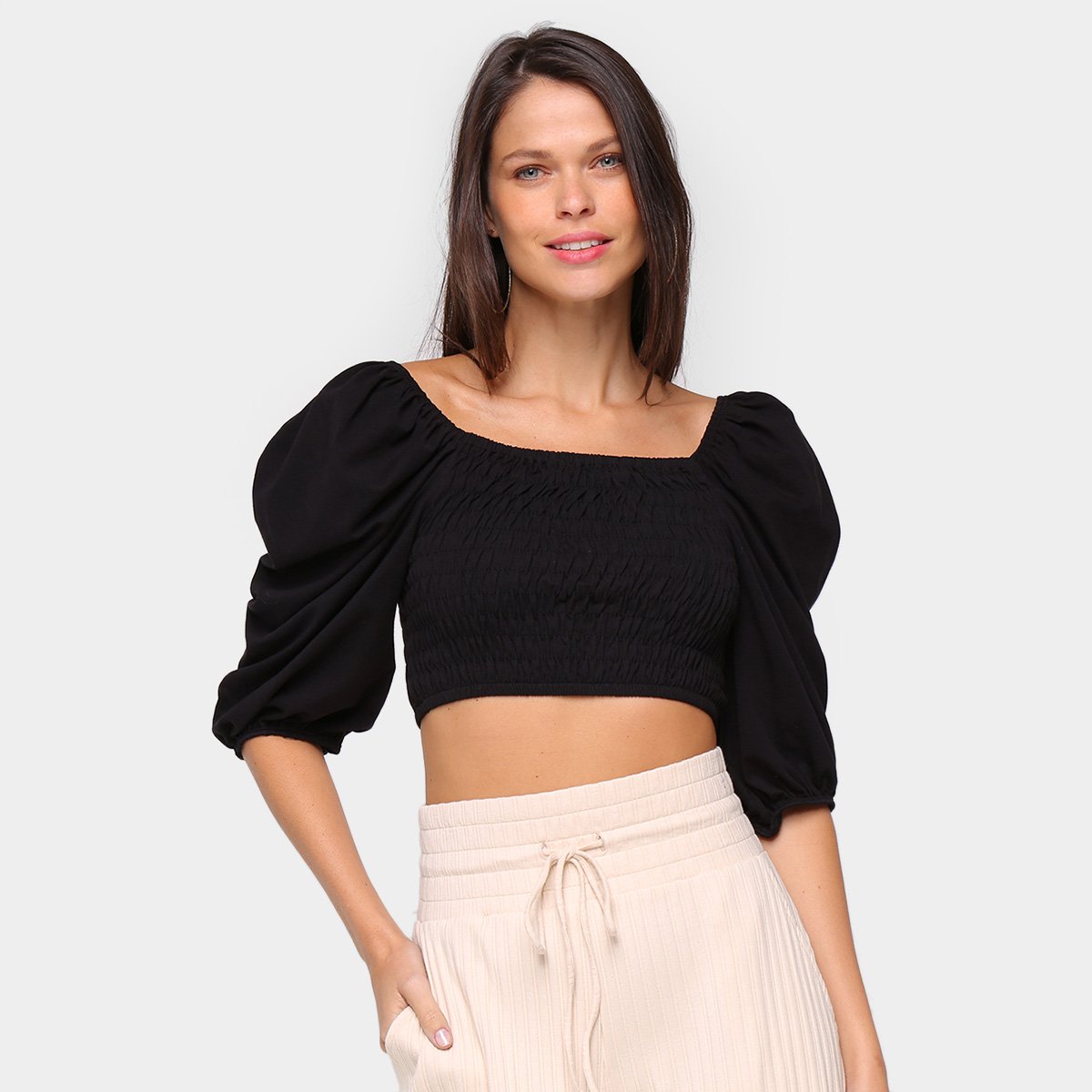 Blusa Cropped Colcci Manga 3/4 Bufante Feminina