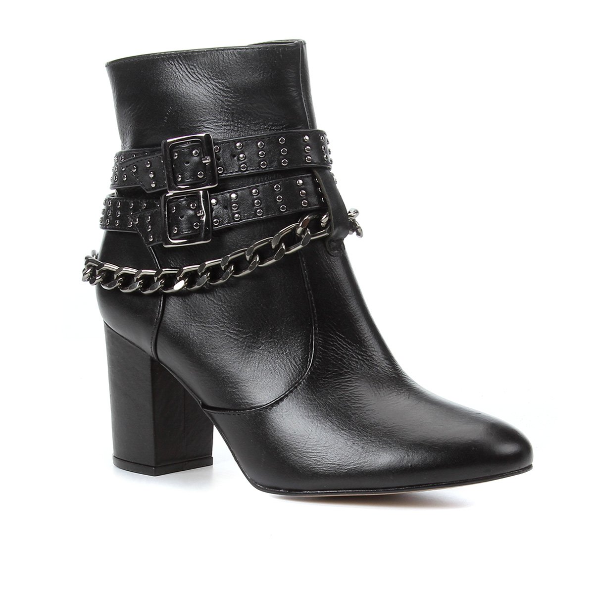 Bota Couro Cano Curto Shoestock Correntes Salto Bloco Feminino