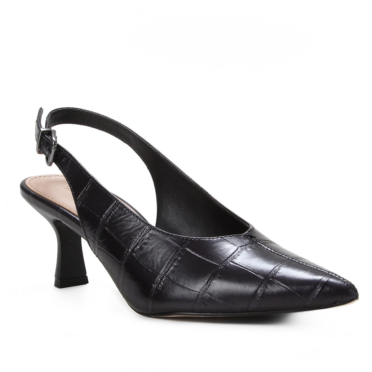 Scarpin Couro Shoestock Slingback Croco Salto Médio
