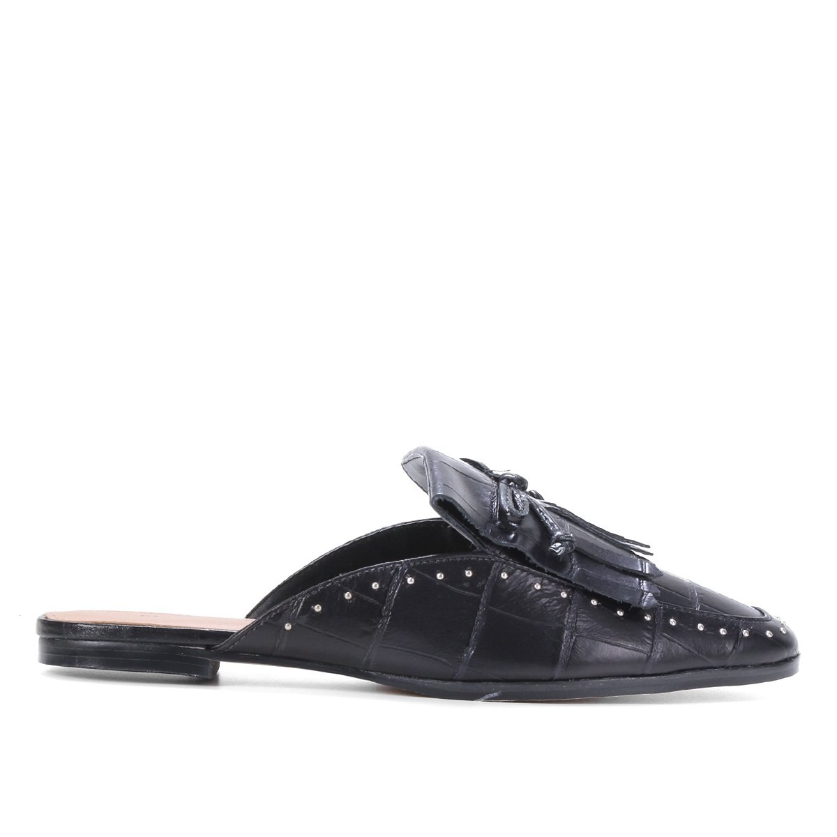 Mule Couro Shoestock Croco Flat Franja Rebites