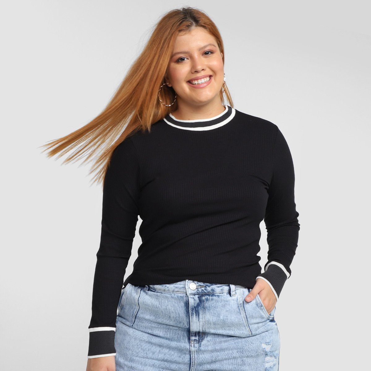 Blusa Plus Size Lunender Canelada Listras Feminina