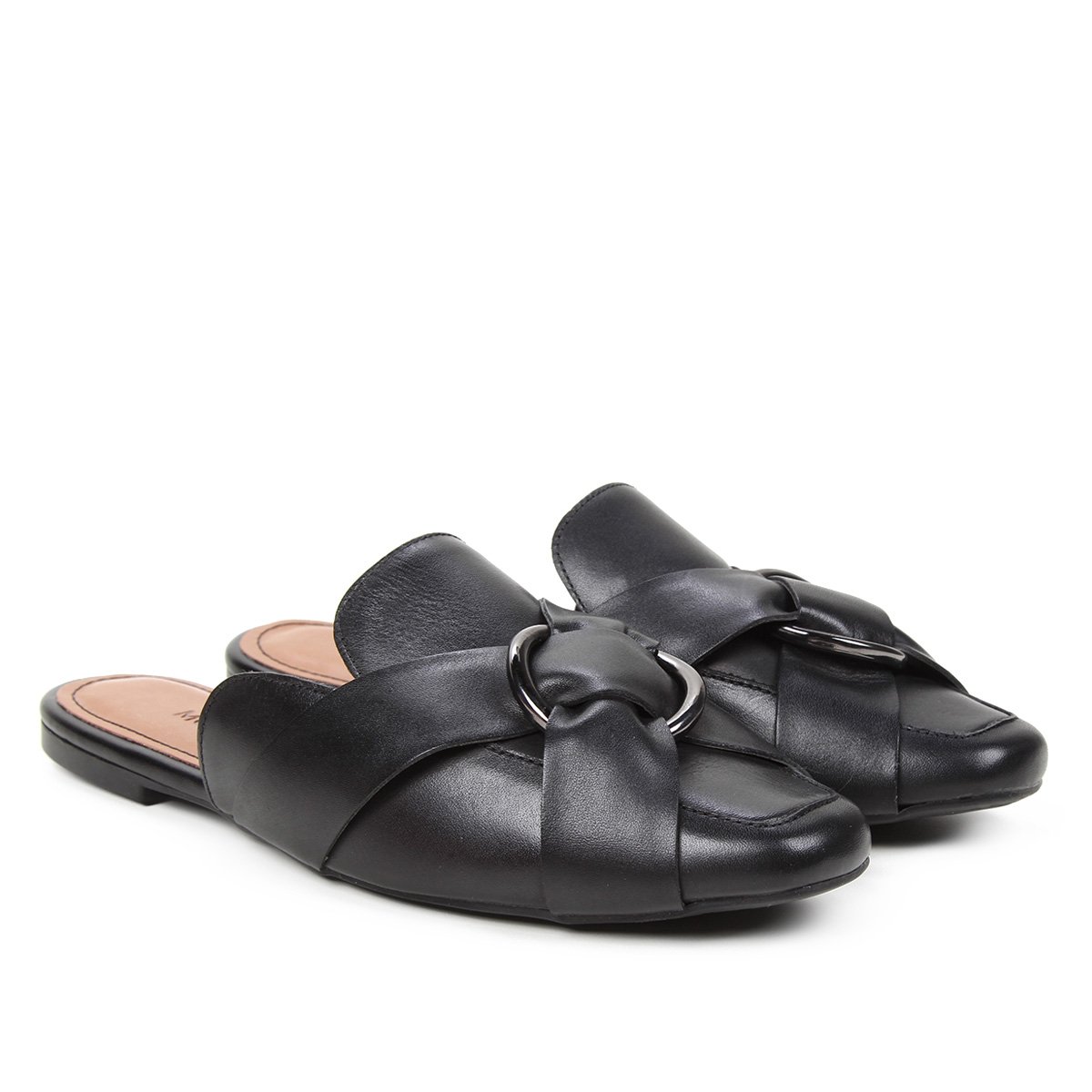 Mule Couro Morena Rosa Rasteiro Detalhe Argolas