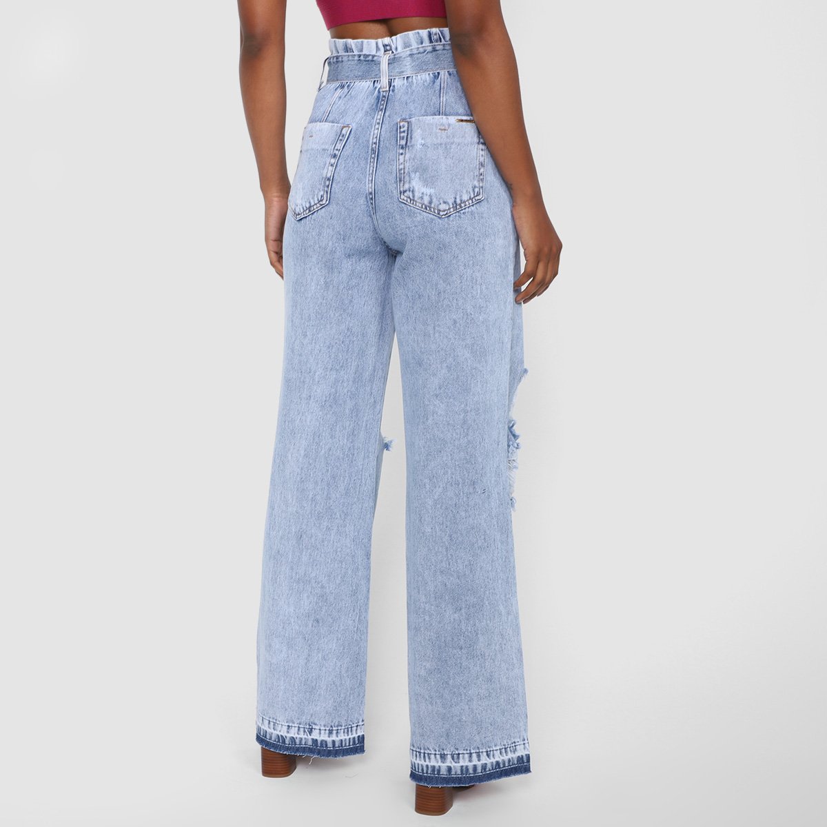 Calça Jeans Wide Leg Destroyed Cós Com Cinto Cintura Alta Feminina