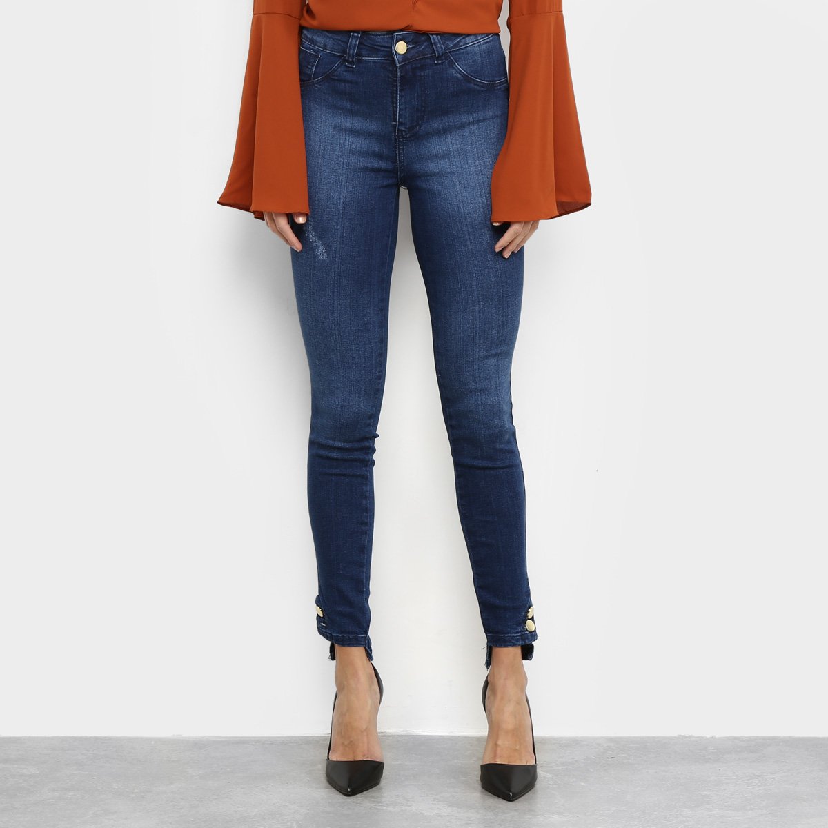 Calça Jeans Skinny Estonada Botões Barra Feminina