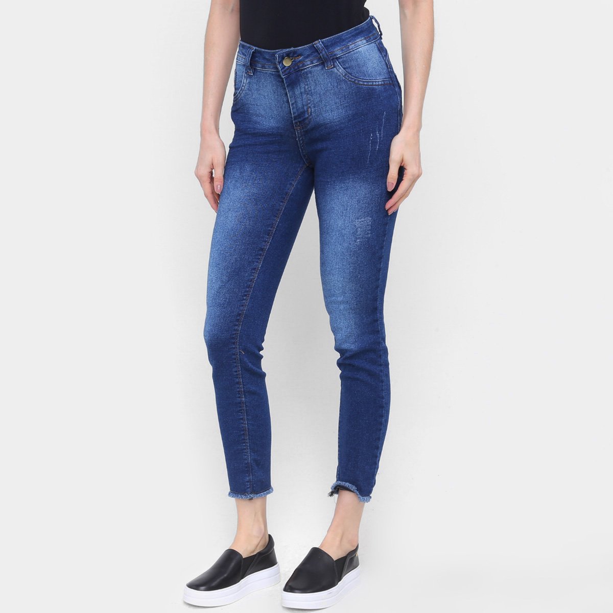 Calça Jeans Skinny Coffee Super Confort Barra Desfiada Feminina