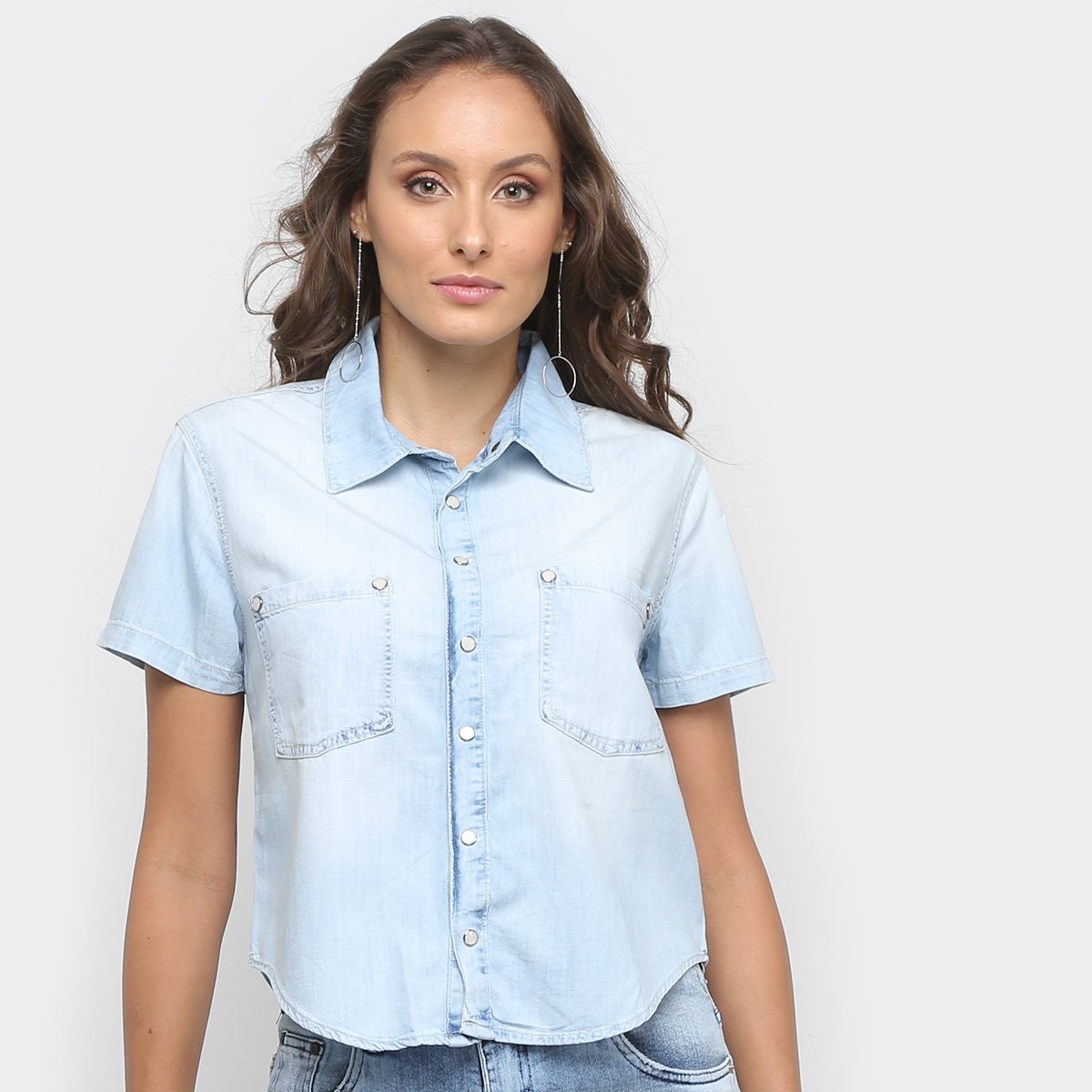 Camisa Jeans Disparate Manga Curta Feminina