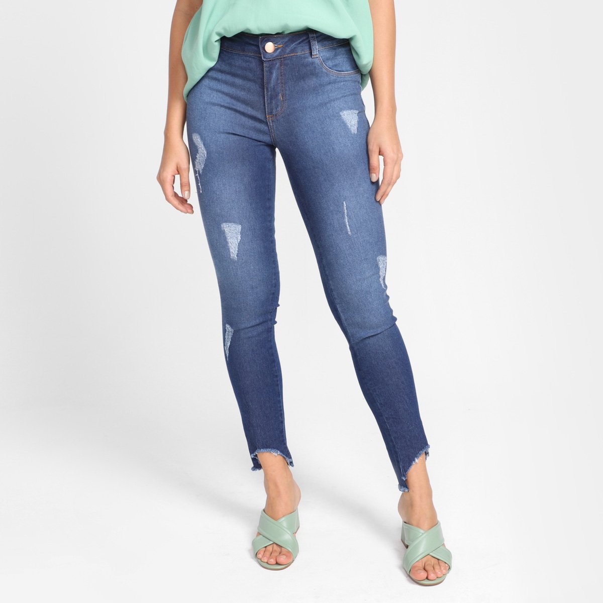 Calça Jeans Skinny Grifle Assimétrica Cintura Média Feminina