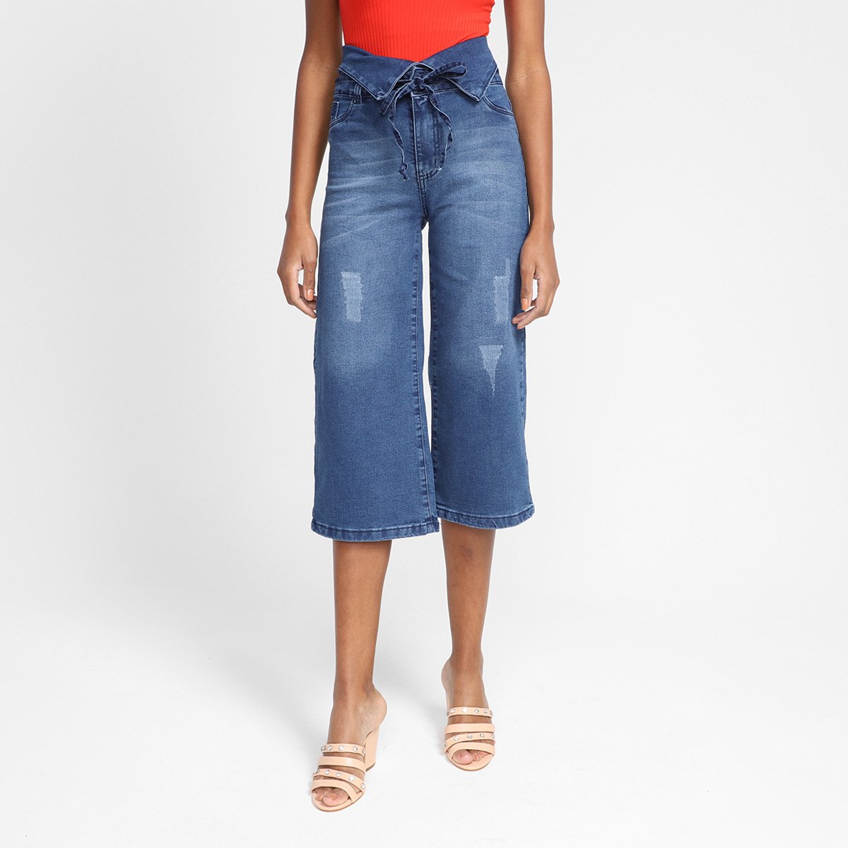 Calça Jeans Pantacourt Grifle Cintura Alta Feminina