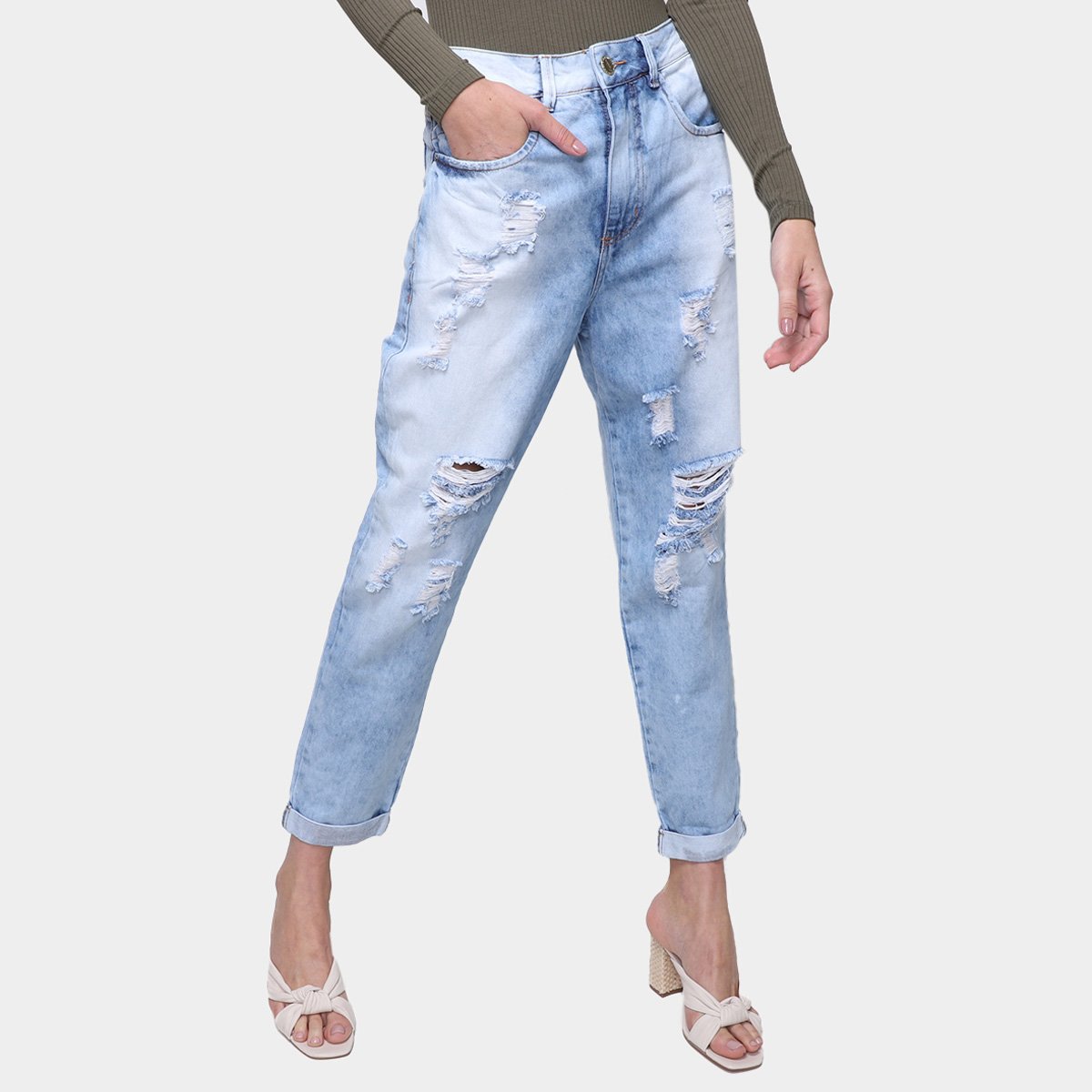 Calça Jeans Ecxo Mom Jeans Destroyed Feminina
