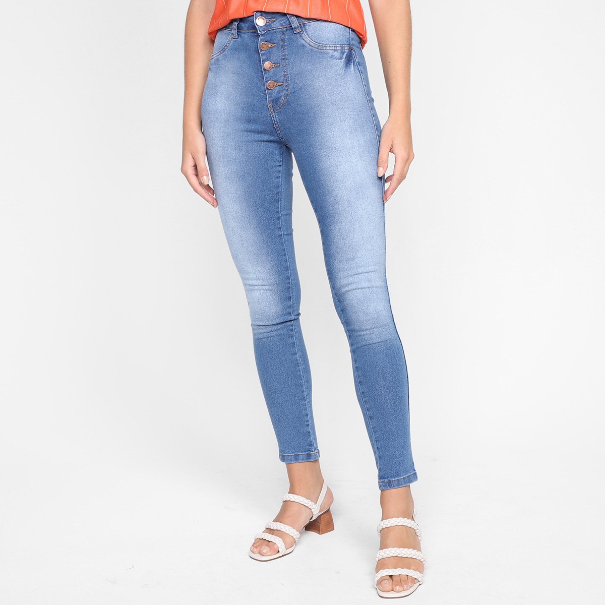 Calça Jeans Skinny Ecxo Botões Cintura Alta Feminina