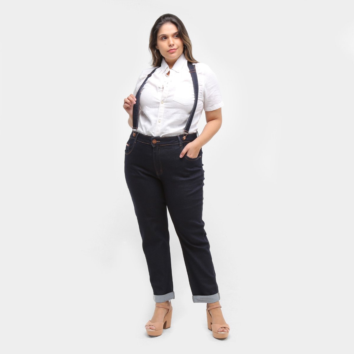 Calça Jeans Cropped Xtra Charmy Plus size Com Suspensório Feminina
