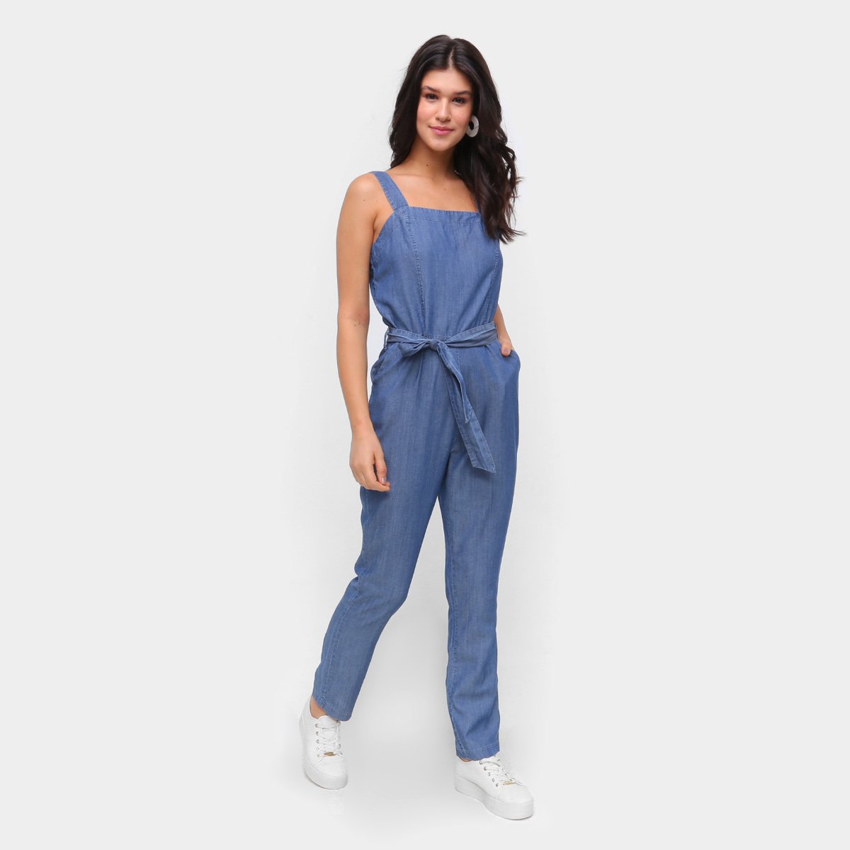 Macacão Jeans Influencer Longo Amarração