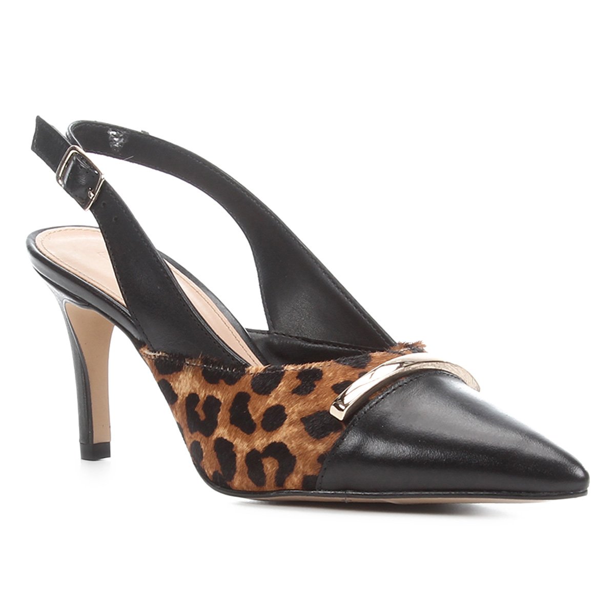 Scarpin Couro Shoestock Slingback Salto Médio Onça