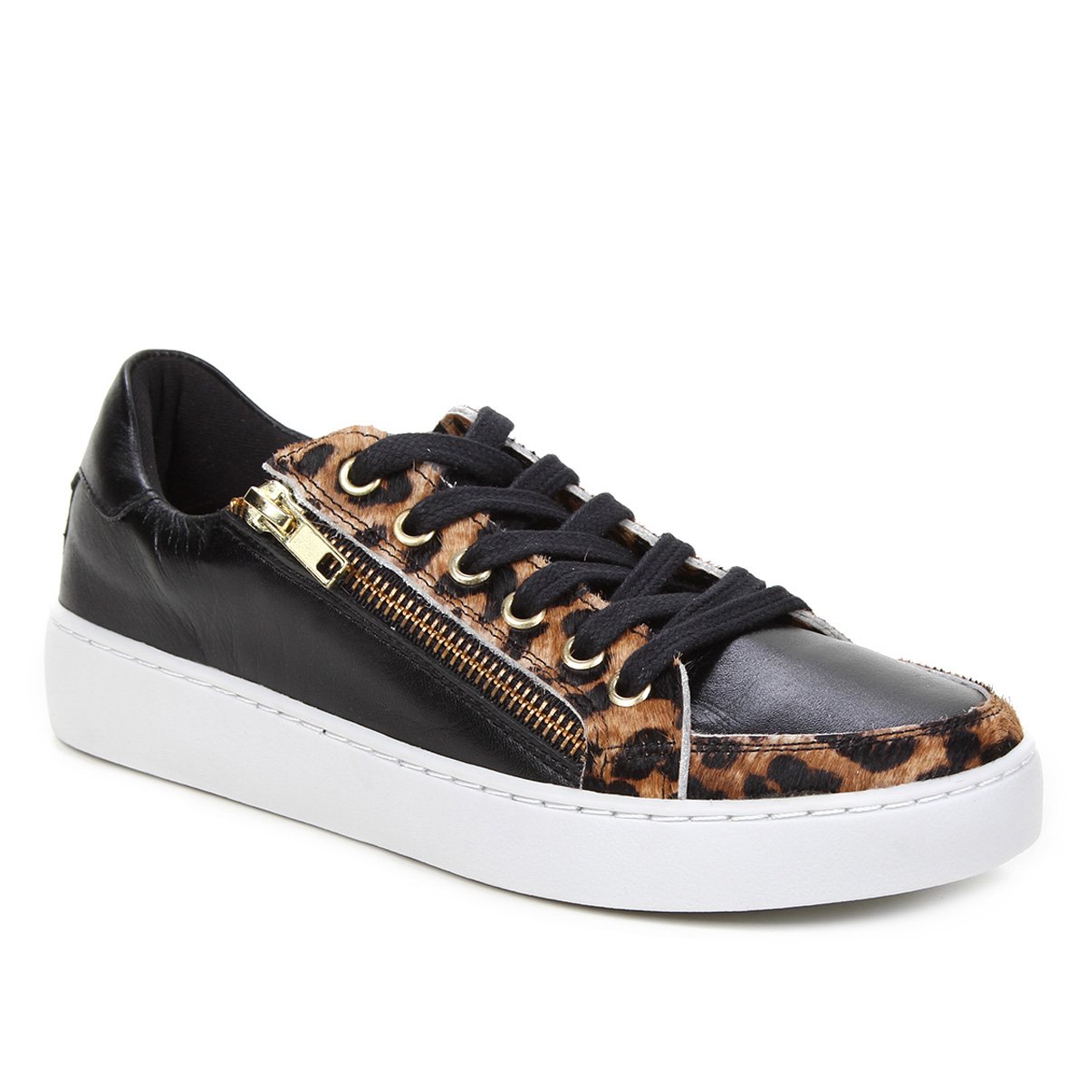 Tênis Couro Shoestock Pelo Onça Zíper Feminino