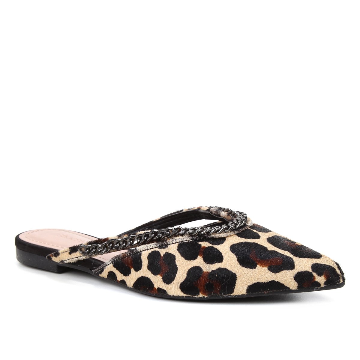 Mule Couro Shoestock Flat Vamp Corrente Onça