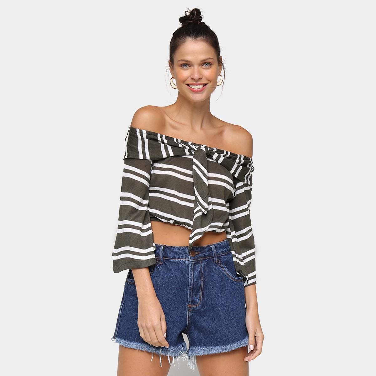Blusa Cropped Mercatto Ombro A Ombro Listrada