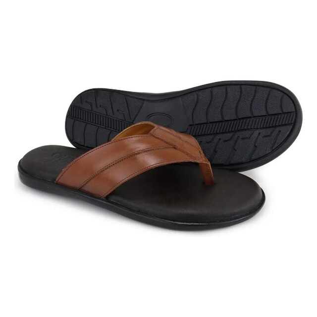 105GRA-Chinelo Masculino em couro forrado sola borracha