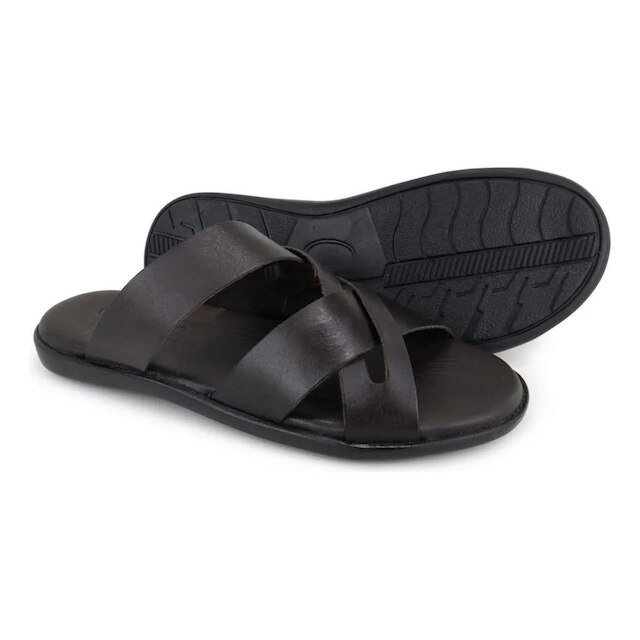 106GRA-Chinelo masculino em Couro Legitimo Leve Macio Sola De Borracha