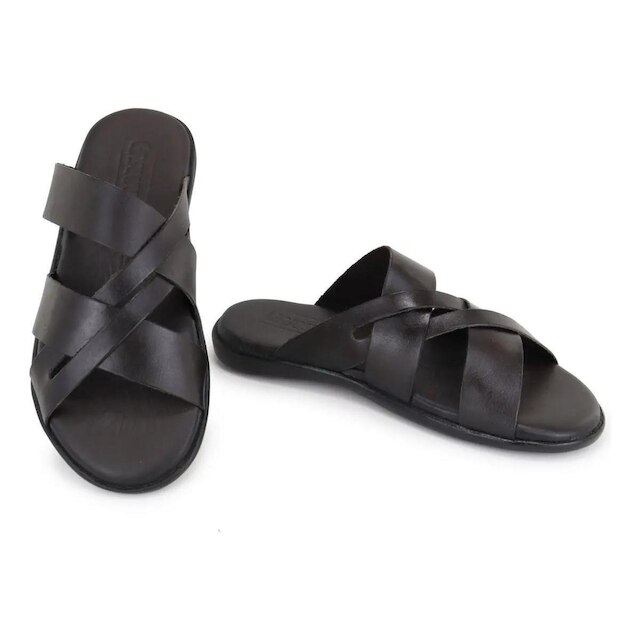 106GRA-Chinelo masculino em Couro Legitimo Leve Macio Sola De Borracha
