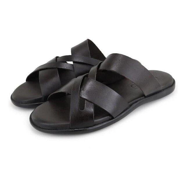 106GRA-Chinelo masculino em Couro Legitimo Leve Macio Sola De Borracha