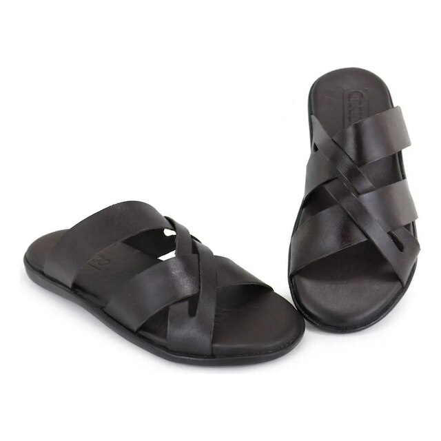 106GRA-Chinelo masculino em Couro Legitimo Leve Macio Sola De Borracha