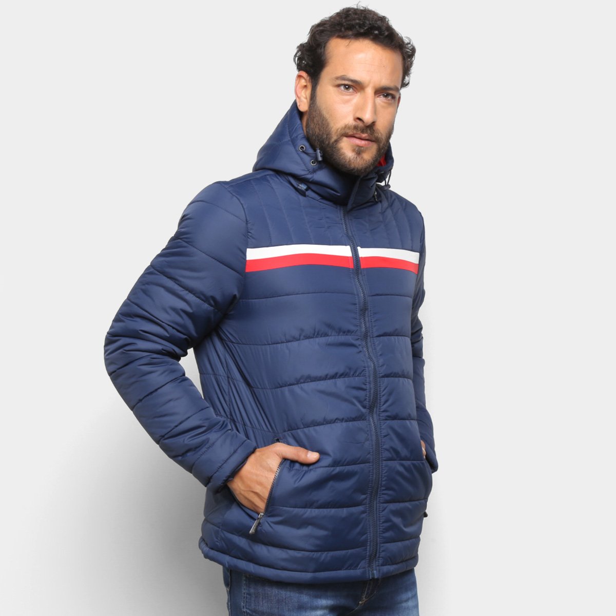 Jaqueta Red Bull Puffer Listrada Capuz Removível Masculina