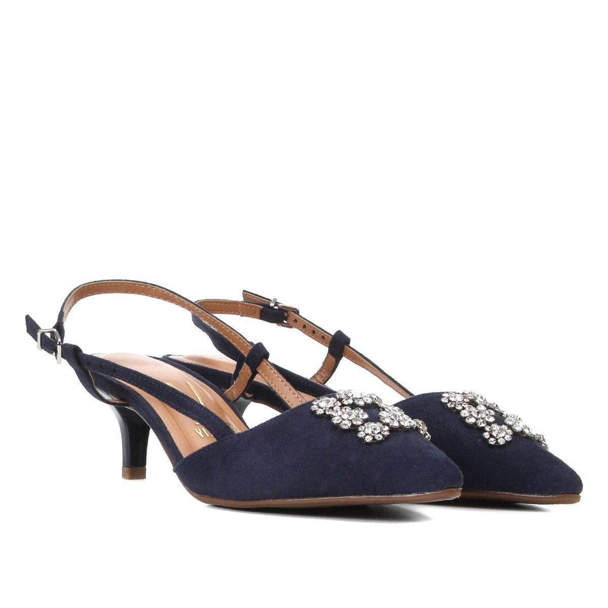 Scarpin Vizzano Bico Fino Chanel Salto Baixo Pedraria
