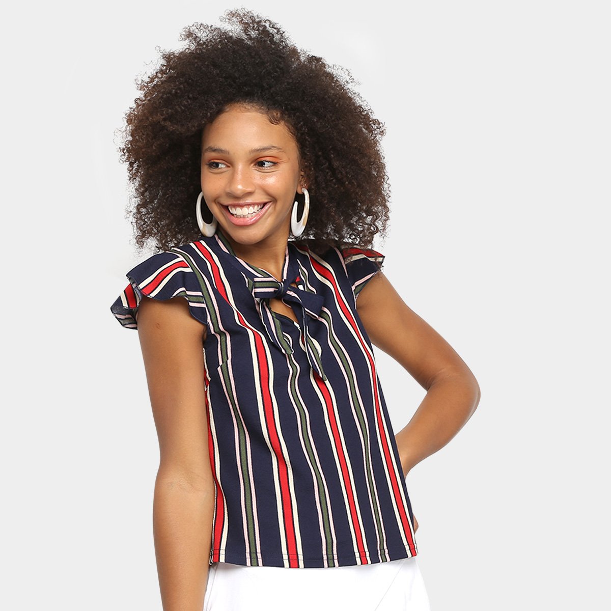 Blusa Lily Fashion Manga Curta Listrada Laço Feminina