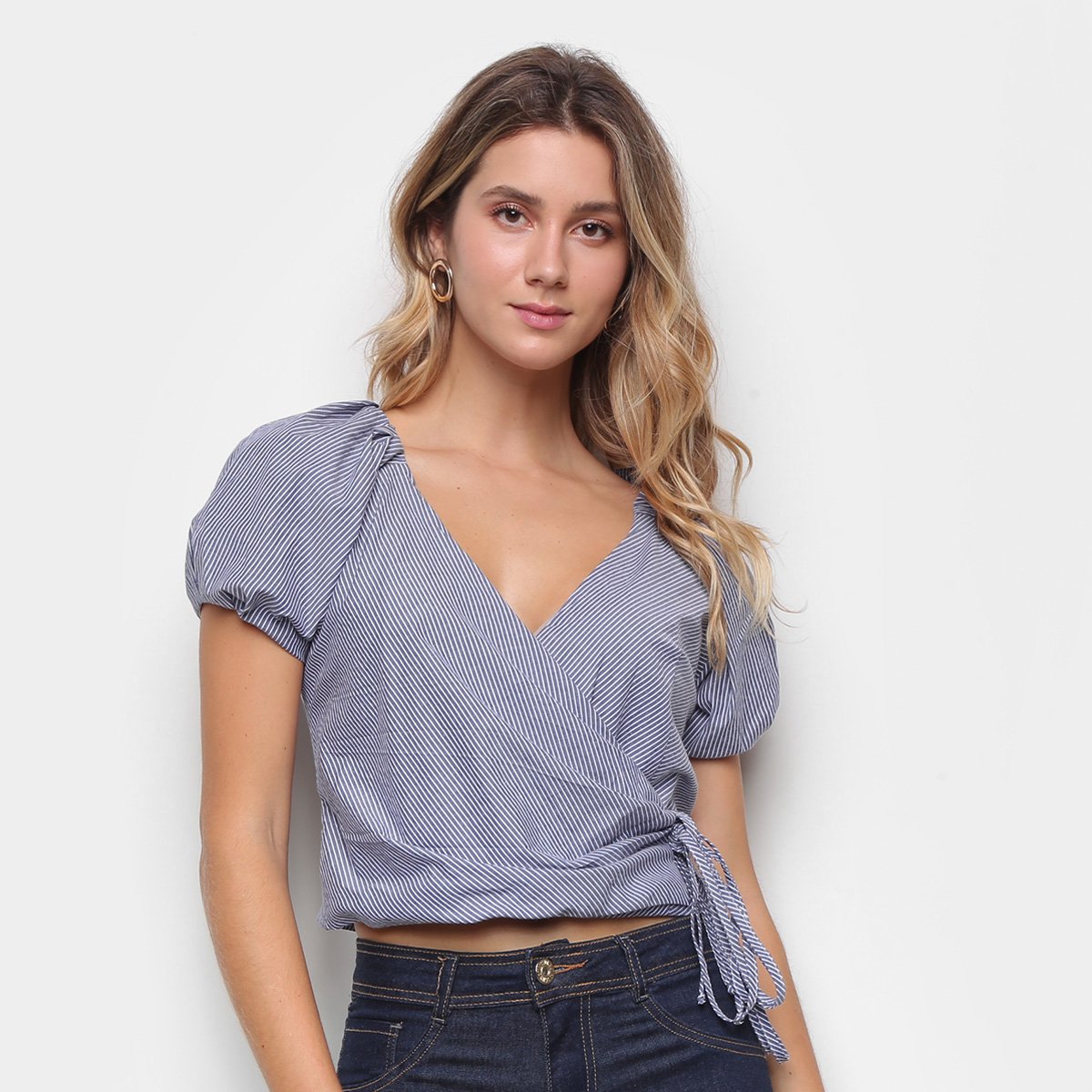 Blusa Il Shin Transpassada Listrada Manga Bufante Feminina