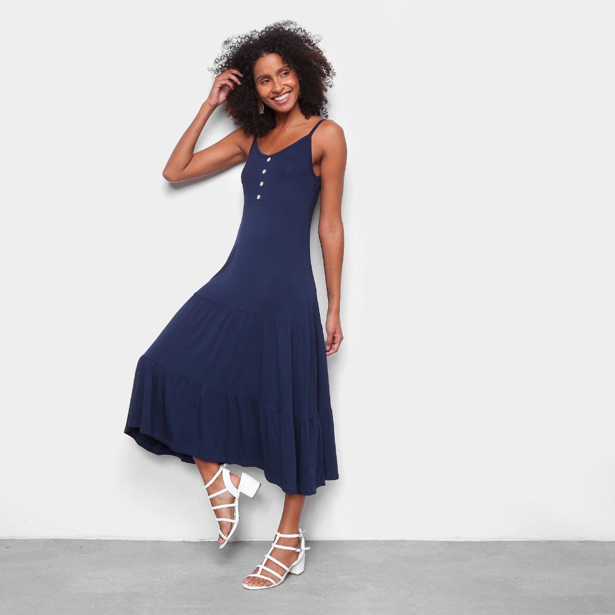Vestido Volare Midi de Babados Elastex Na Lateral E Botões