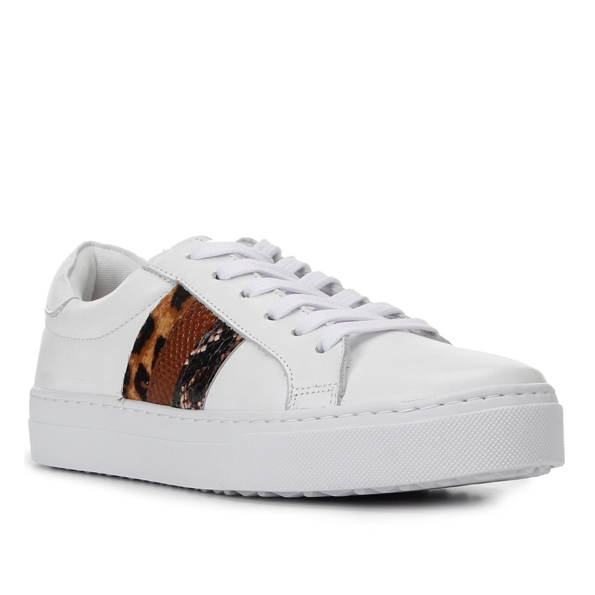Tênis Couro Shoestock Detalhe Animal Print Feminino