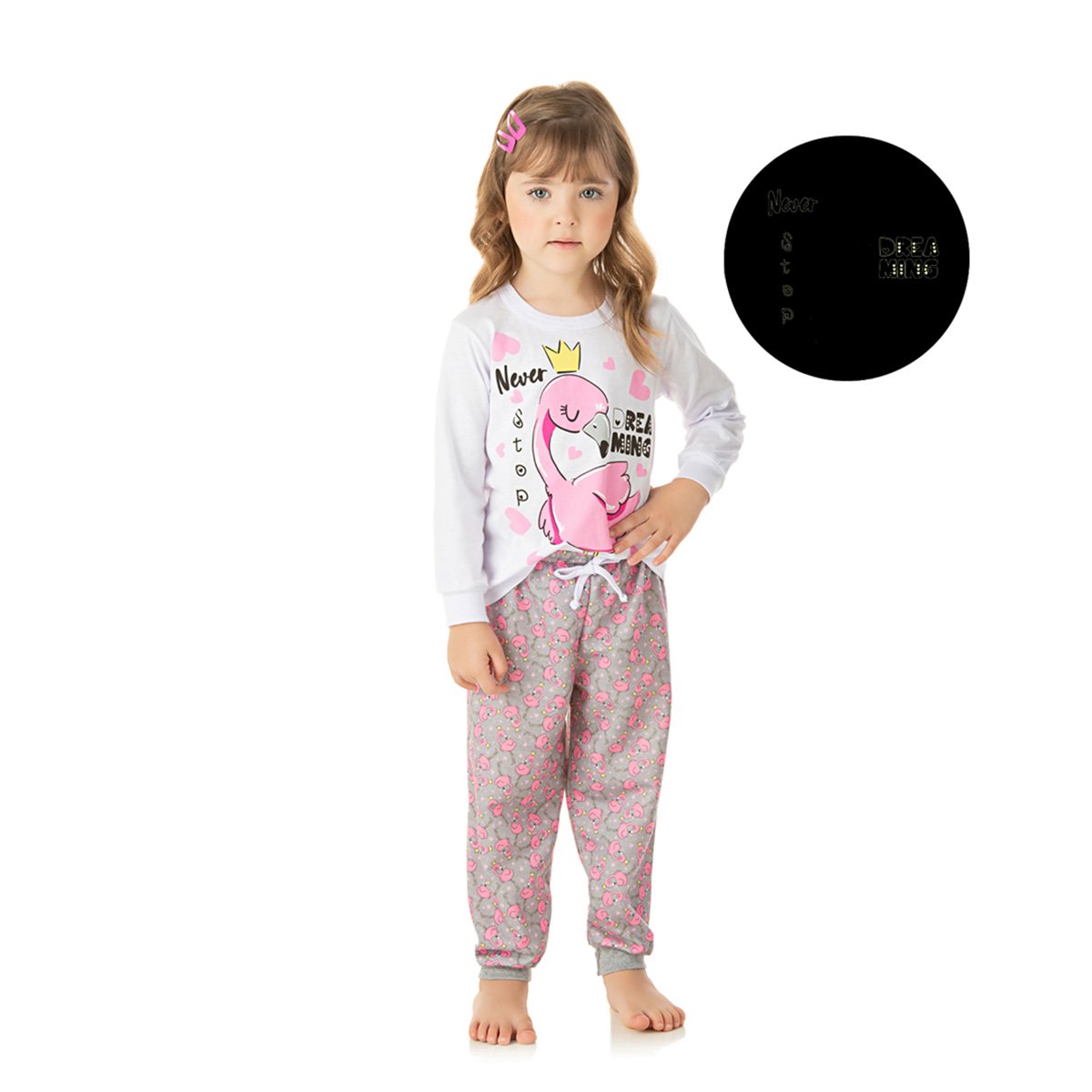 Pijama Bebê Longo Duzizo Moletom Flamingo Brilha no Escuro