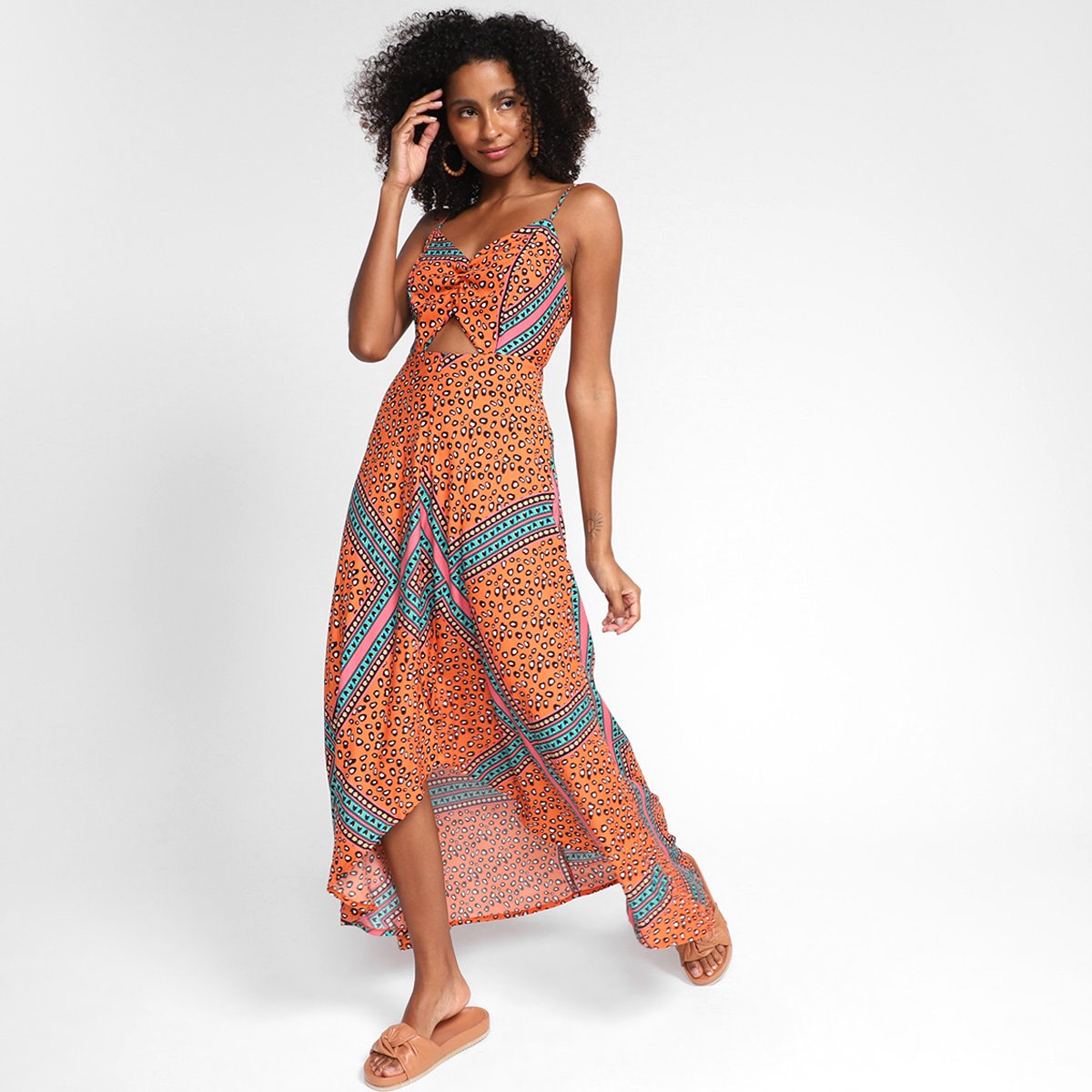 Vestido Longo Mercatto Assimétrico Estampado Recortes
