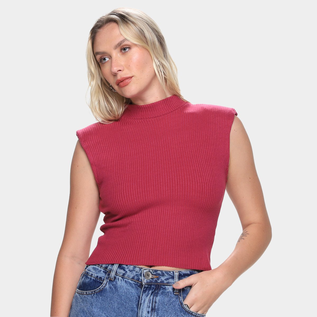 Blusa Tricô Gola Alta Mercatto com Ombreira Feminina