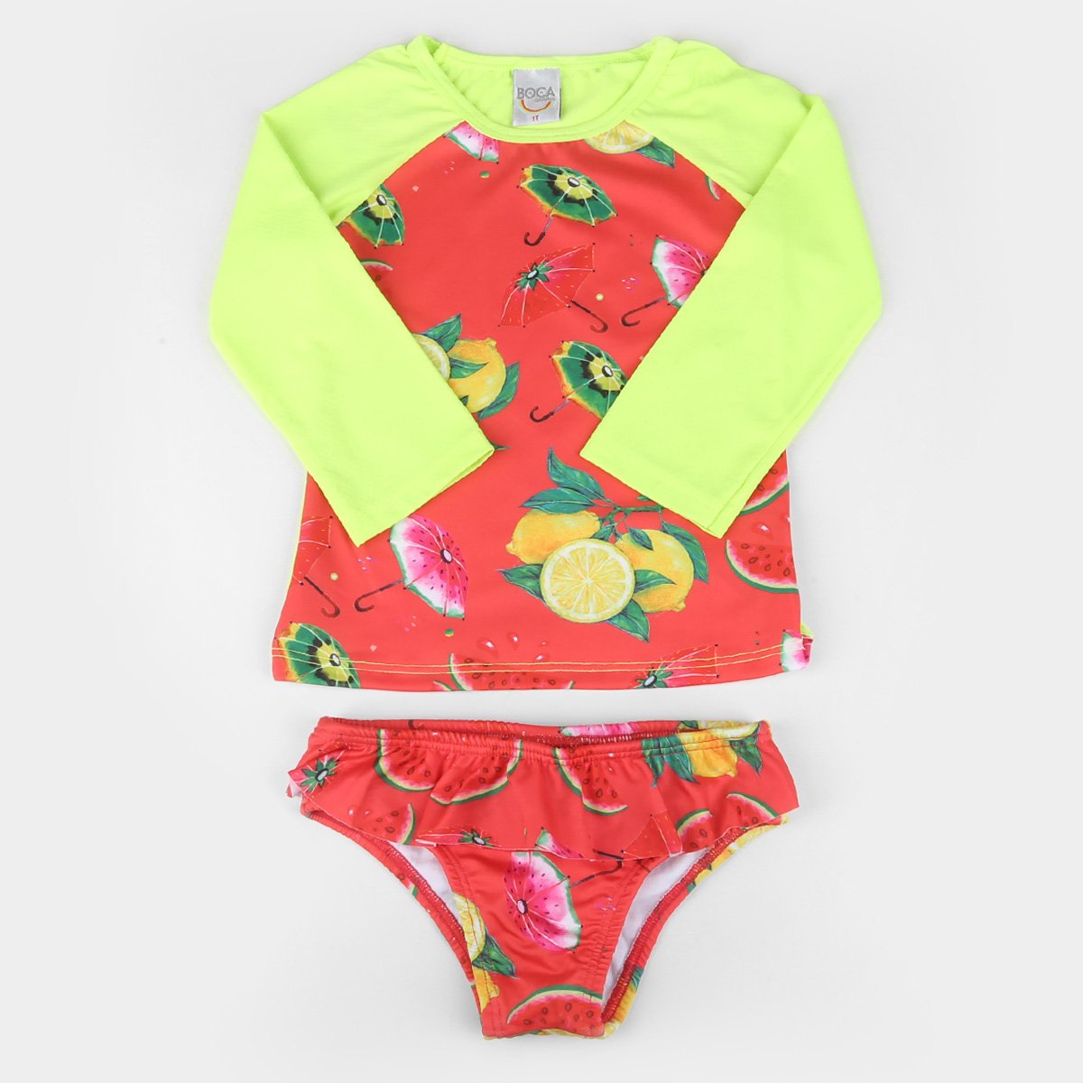 Conjunto Infantil Natação Camiseta Boca Grande Manga Longa Floral e Calcinha Proteção UV 50+